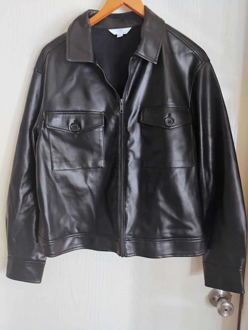 Time and Tru Men's Black Faux Leather Bomber Jacket